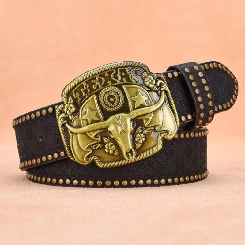 Cintura da uomo in pelle con rivetti Longhorn Steer Antique