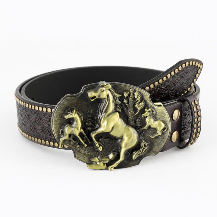 Cintura in pelle goffrata da uomo con motivo "A Herd Of Horses"