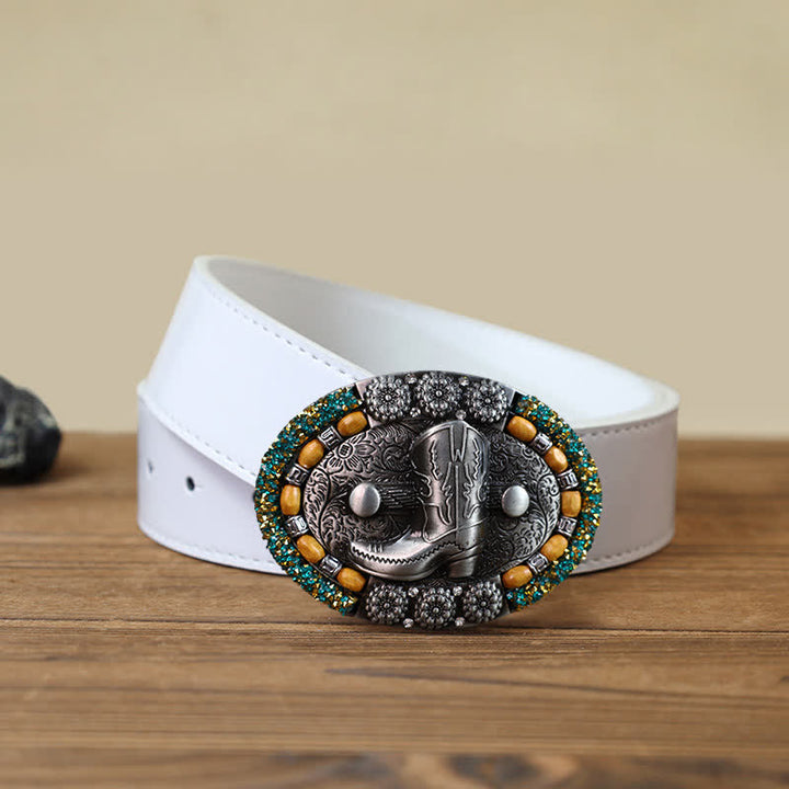 Cintura in pelle con fibbia per stivali con perline di legno e strass fai da te da uomo - Stivale - Cintura PU bianca (40) - image 4