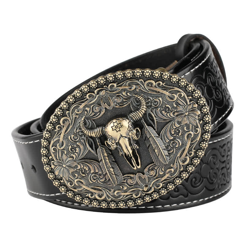 Cintura in pelle da uomo con piuma incisa Bull Jeans - Stile n. 1 - Nero / Bronzo - 46 - image 0