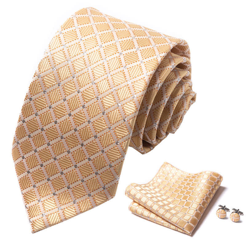 Set di 3 cravatte da uomo a quadri color oro e biscotto di buon gusto - image 1