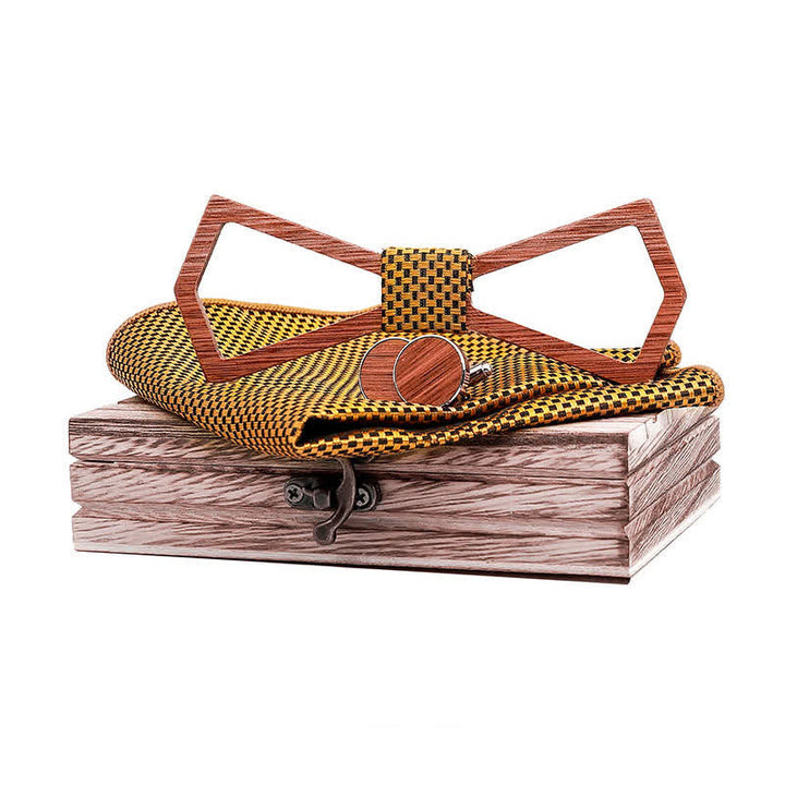 Set di 3 papillon in legno con design intagliato cavo da uomo - Giallo - image 10