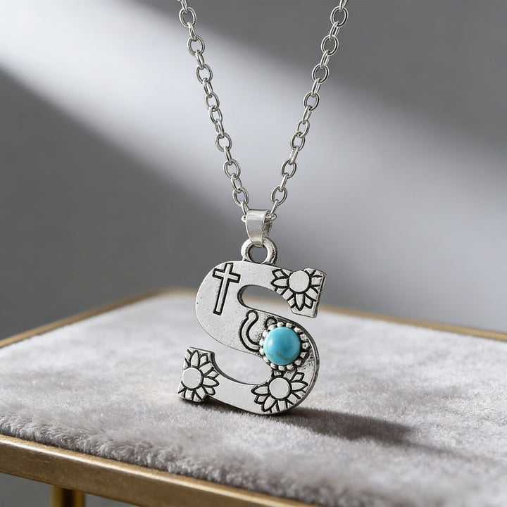 Collana vintage con ciondolo a forma di iniziale turchese - S - image 21