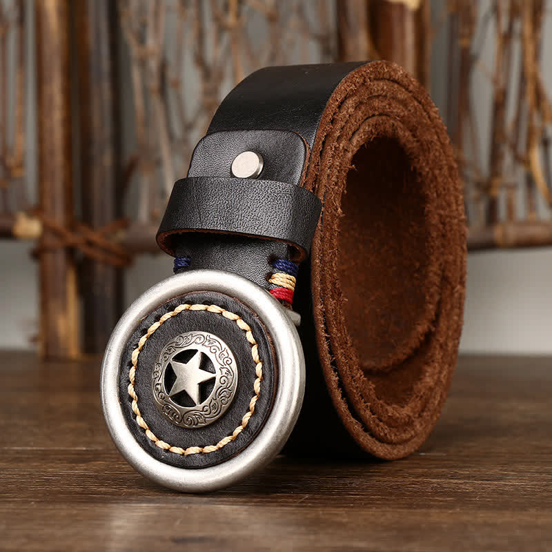 Cintura in pelle spessa con pentacolo vintage da uomo - Nero - 44 - image 0
