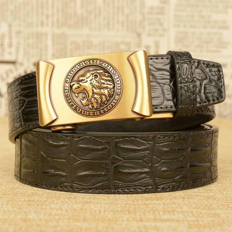 Cintura da uomo in pelle con motivo a testa di leone e coccodrillo - Oro e nero - 46 - image 2