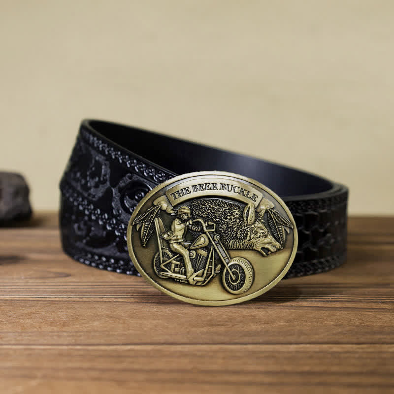 Cintura in pelle con fibbia porta birra creativo fai da te per motocicletta da uomo - Bronzo - Cintura nera intagliata (40) - image 21