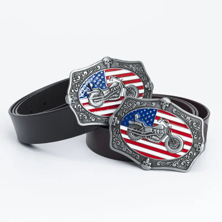 Cintura in pelle da uomo con teschio e bandiera americana per motociclisti