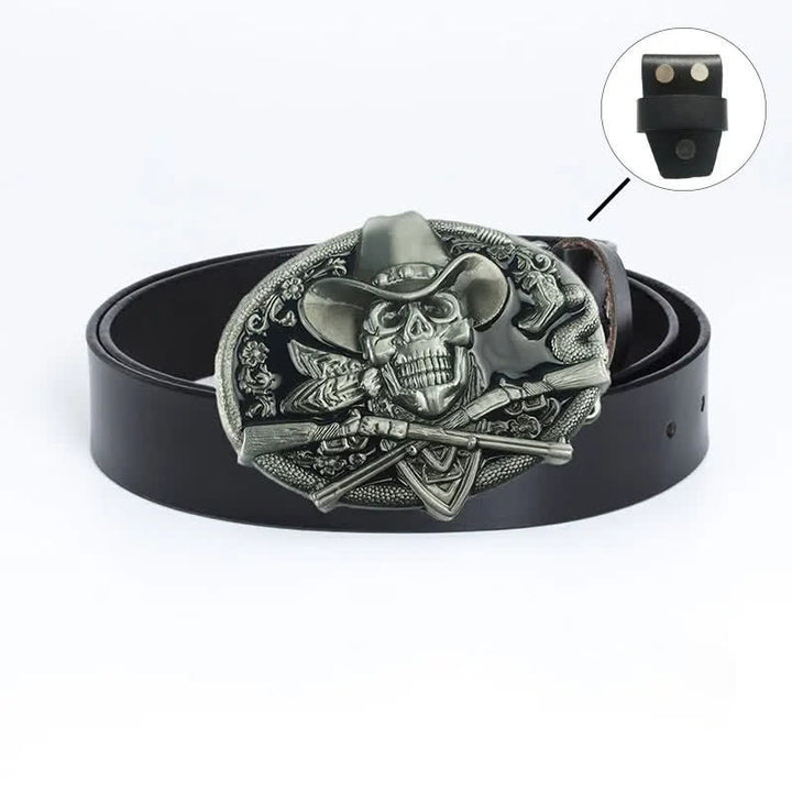 Cintura in pelle da uomo con teschio pirata e pistole incrociate - Maglietta in pelle - Nero / Smalto nero - 46 - image 15