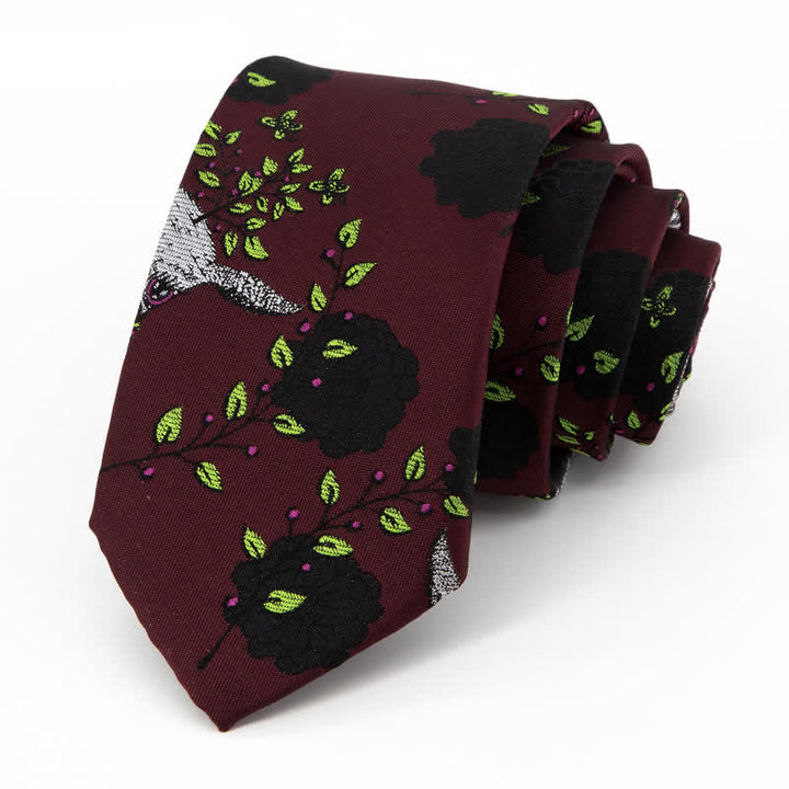 Cravatta da uomo bordeaux, nera, con rosa e cervo