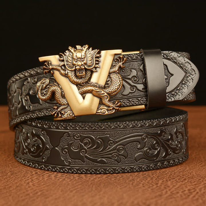 Cintura in pelle con goffratura a forma di drago con lettera V da uomo