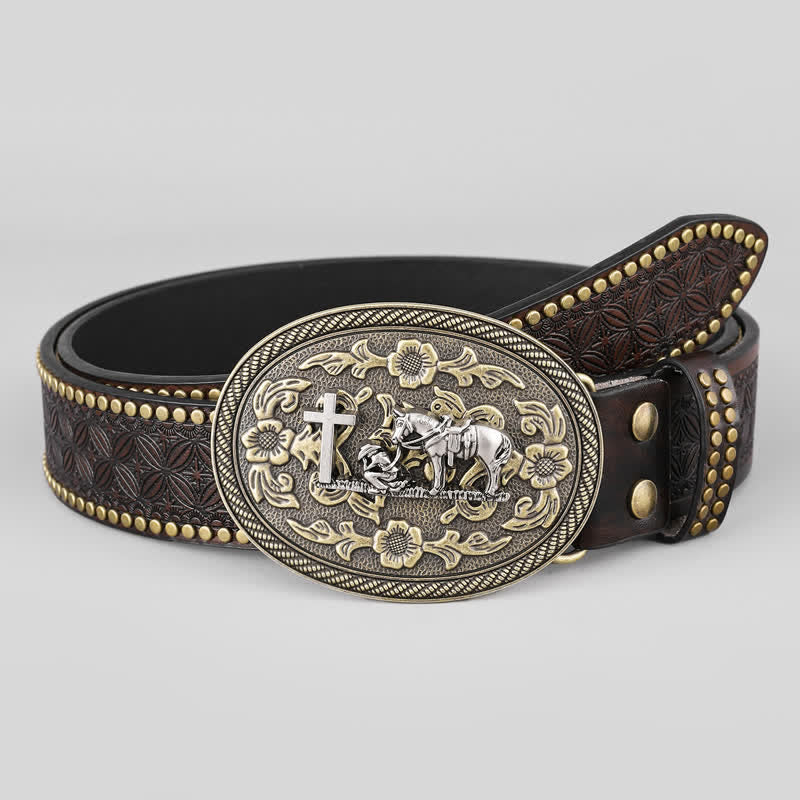 Cintura in pelle con fibbia ovale con decorazione a forma di cavallo incrociato da uomo