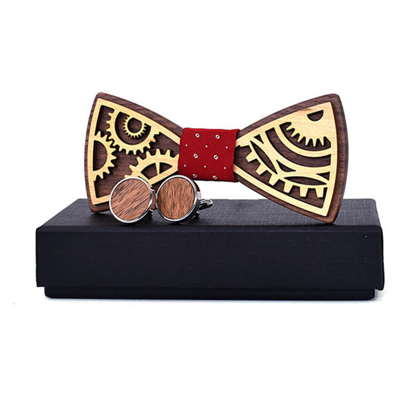 Set di 2 gemelli da uomo in legno con ingranaggi - Rosso - image 4