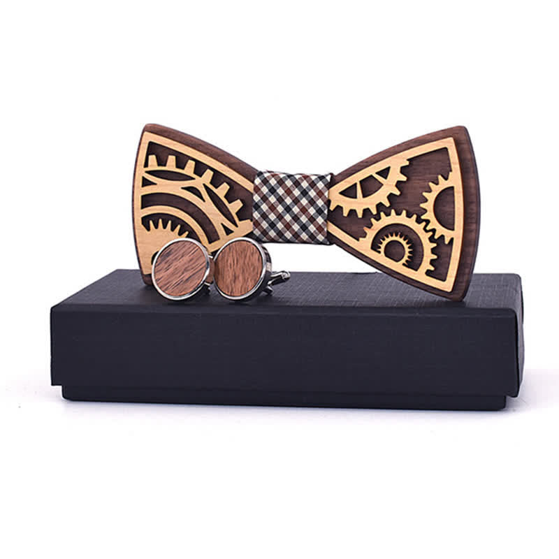 Set di 2 gemelli da uomo in legno con ingranaggi - Plaid marrone - image 6