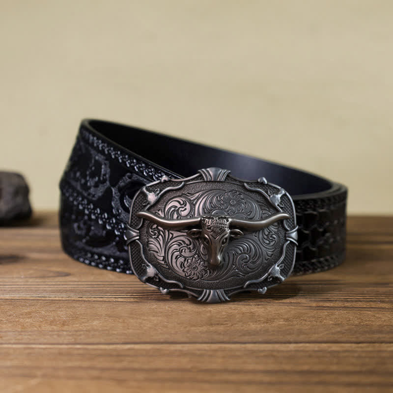 Cintura in pelle con fibbia quadrata a forma di toro Longhorn in argento fai da te da uomo