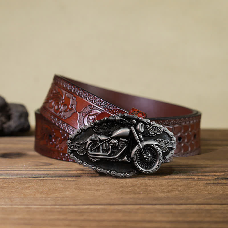 Cintura in pelle con fibbia da motocicletta a forma di locomotiva fai da te da uomo - Argento - Cintura marrone intagliata (40) - image 11