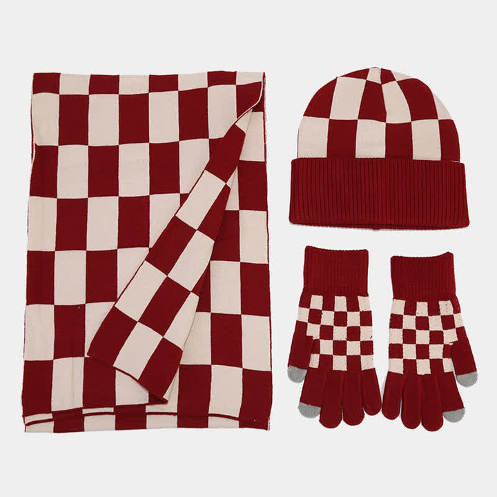 Set di 3 cappelli, sciarpe e guanti a quadri a scacchi unisex