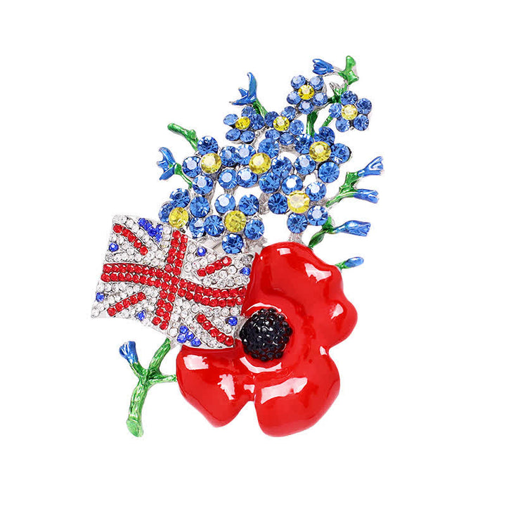 Spilla unisex multicolore con bandiera dell'Unione e papavero