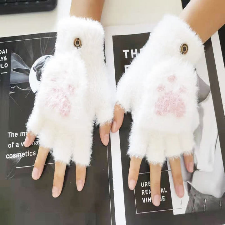 Guanti caldi e soffici con stampa a zampa di gatto da donna - Bianco - image 6