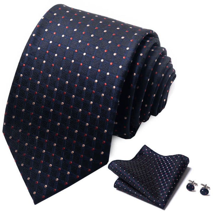 Set di 3 cravatte a quadri blu navy a pois rossi e marrone chiaro da uomo - image 1