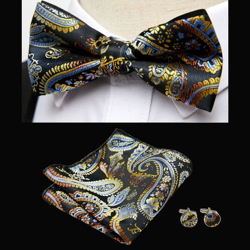 Set di 3 fazzoletti da taschino con papillon Paisley di lusso da uomo - Nero e giallo - image 2