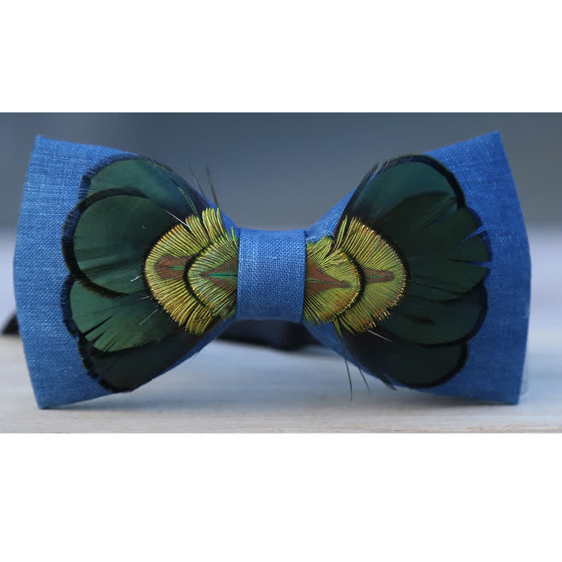 Papillon in piuma di pavone di lino verde scuro e blu