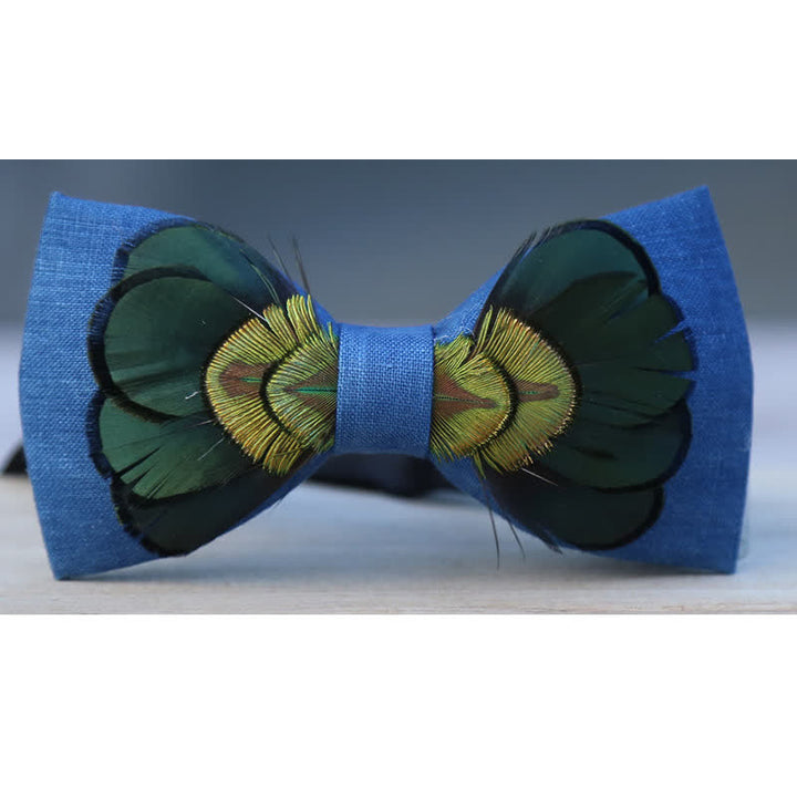Papillon in piuma di pavone di lino verde scuro e blu
