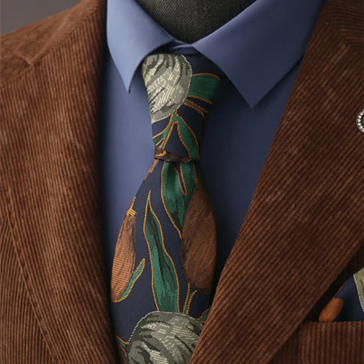 Cravatta elegante da uomo con motivo floreale a tulipano blu navy e peruviano