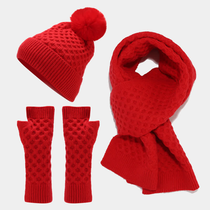 Set di 3 cappelli, sciarpe e guanti lavorati a maglia incrociati da donna
