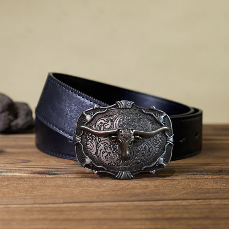 Cintura in pelle con fibbia quadrata a forma di toro Longhorn in argento fai da te da uomo