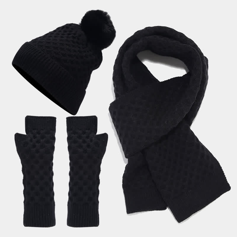 Set di 3 cappelli, sciarpe e guanti lavorati a maglia incrociati da donna
