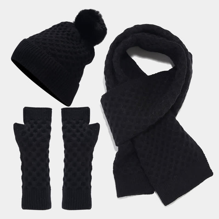 Set di 3 cappelli, sciarpe e guanti lavorati a maglia incrociati da donna