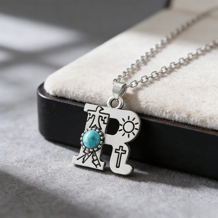 Collana vintage con ciondolo a forma di iniziale turchese - R - image 19
