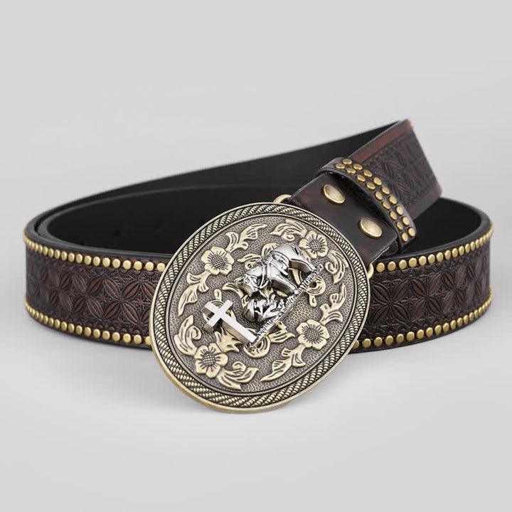 Cintura in pelle con fibbia ovale con decorazione a forma di cavallo incrociato da uomo