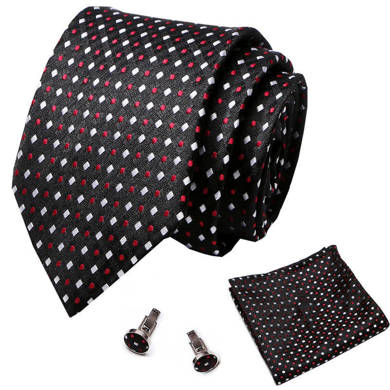 Set di 3 cravatte nere con pois rossi e quadrati bianchi da uomo