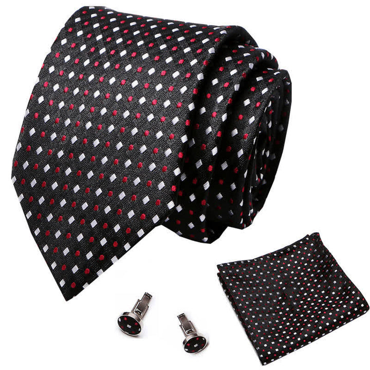 Set di 3 cravatte nere con pois rossi e quadrati bianchi da uomo