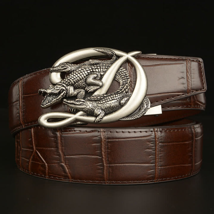 Cintura da uomo in pelle con fibbia in coccodrillo e motivo alligatore - Stile n. 1 - Argento e marrone - 46 - image 10