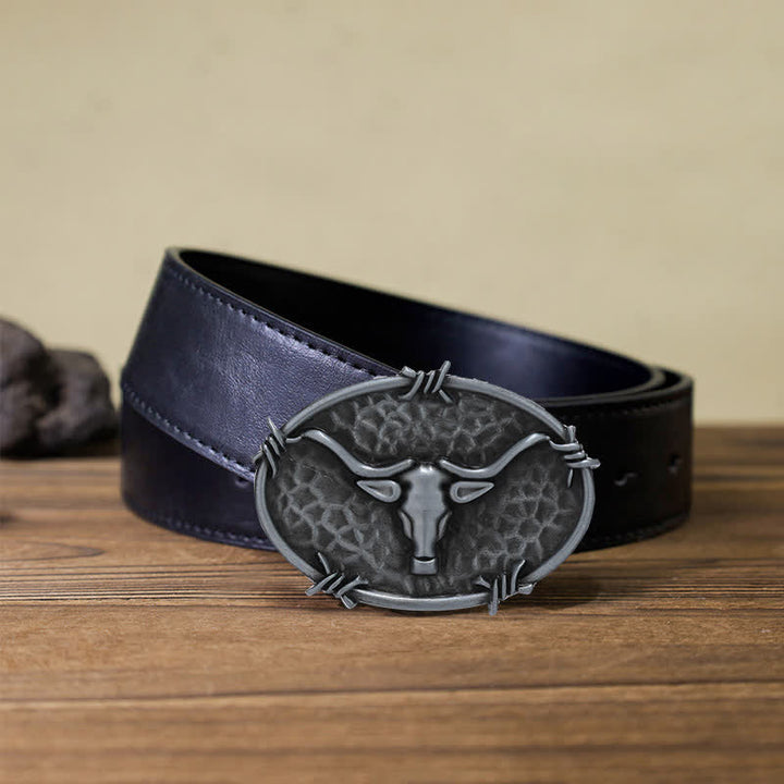 Cintura in pelle con fibbia martellata a forma di testa di toro da cowboy fai da te da uomo - Argento antico - Cintura PU nera (40) - image 6