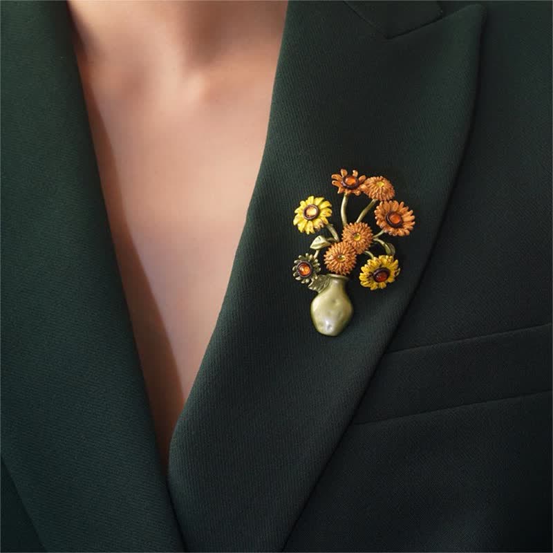 Spilla da donna a forma di vaso di girasole in smalto