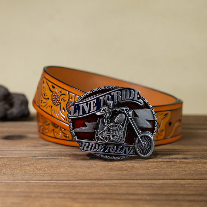 Cintura in pelle con fibbia Live to Ride da motociclista con teschio fai da te da uomo