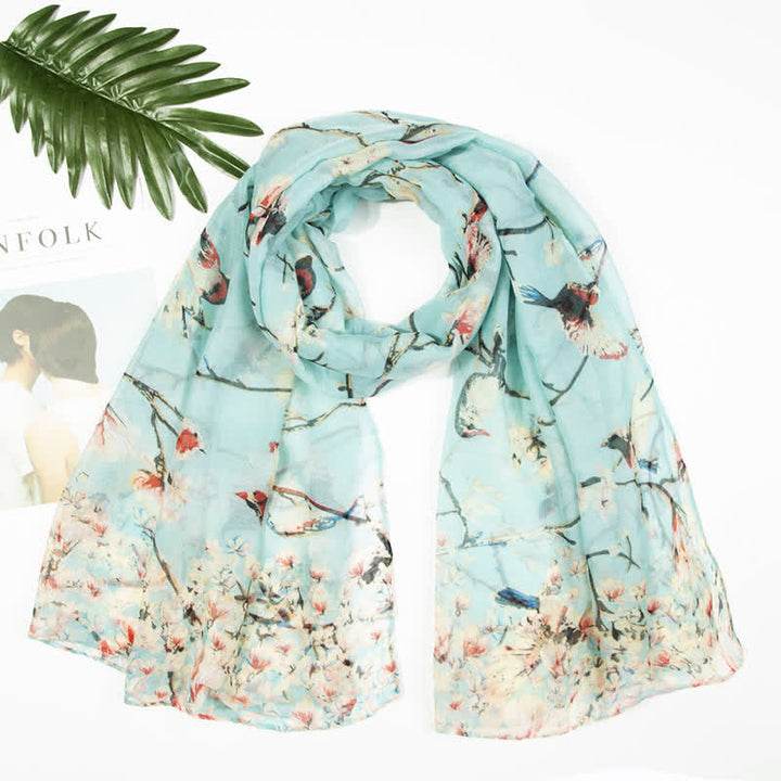 Sciarpa leggera da donna con uccelli floreali in fiore