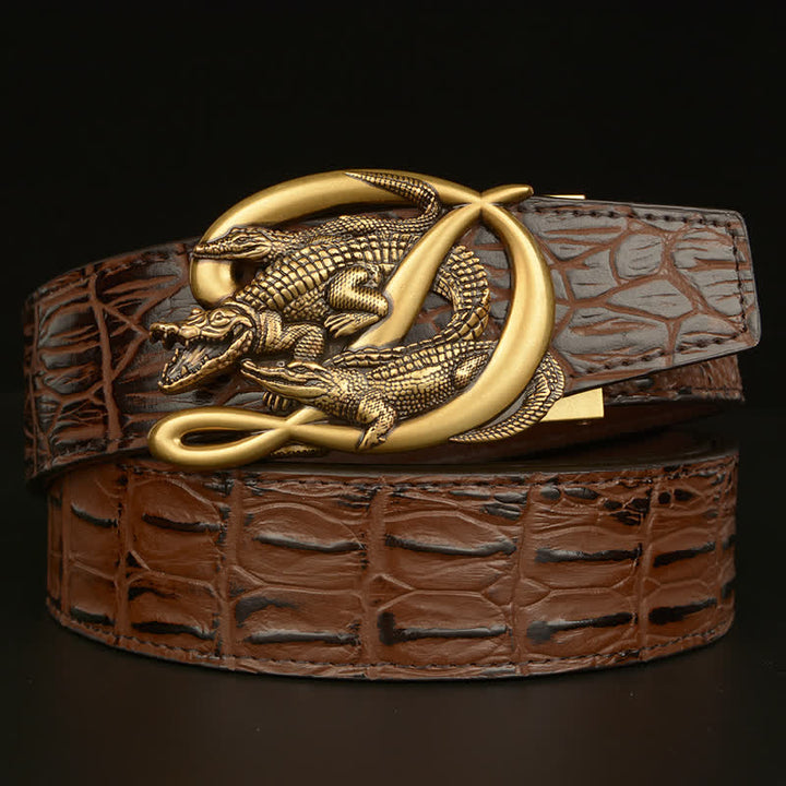 Cintura da uomo in pelle con fibbia in coccodrillo e motivo alligatore - Stile n. 2 - Oro e marrone - 46 - image 15