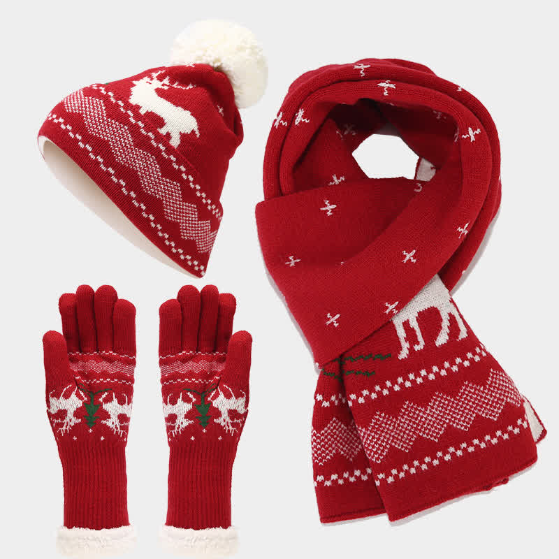 3 pezzi da donna renna albero jacquard cappello sciarpa guanti set - Rosso - Regolabile (circa 21 5/8"-23 5/8") - image 0