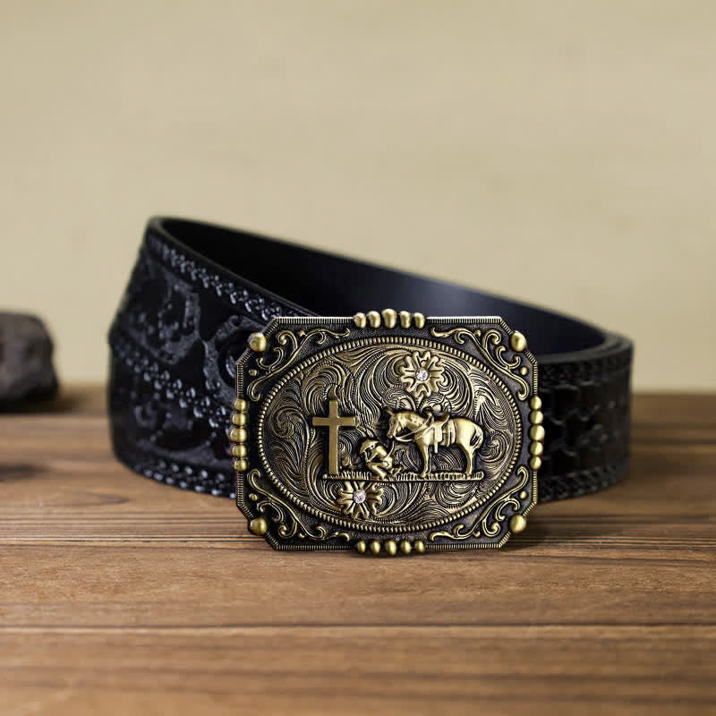 Cintura in pelle fai da te da uomo con fibbia per preghiera inginocchiata a forma di croce di cavallo