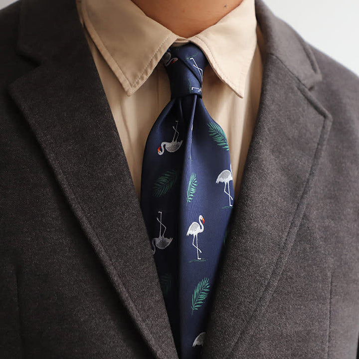 Cravatta da uomo con fenicottero in stile tropicale blu navy