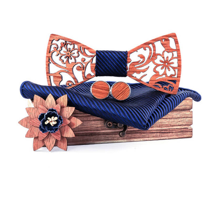 Set di 4 papillon in legno con motivo floreale cavo da uomo - Blu notte - image 10