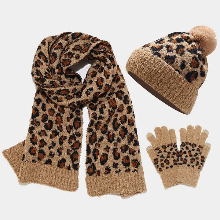 Set di 3 cappelli, sciarpe e guanti con stampa leopardata da donna