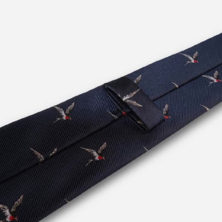 Cravatta da uomo con rondine ricamata in tessuto blu navy - image 3