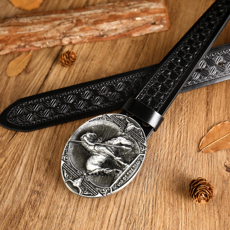 Cintura in pelle con fibbia geometrica a forma di cavallo da corsa da uomo