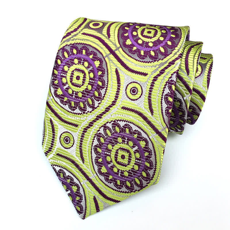 Cravatta da uomo con medaglione geometrico reale e fiore - VerdeGiallo e Viola - image 1