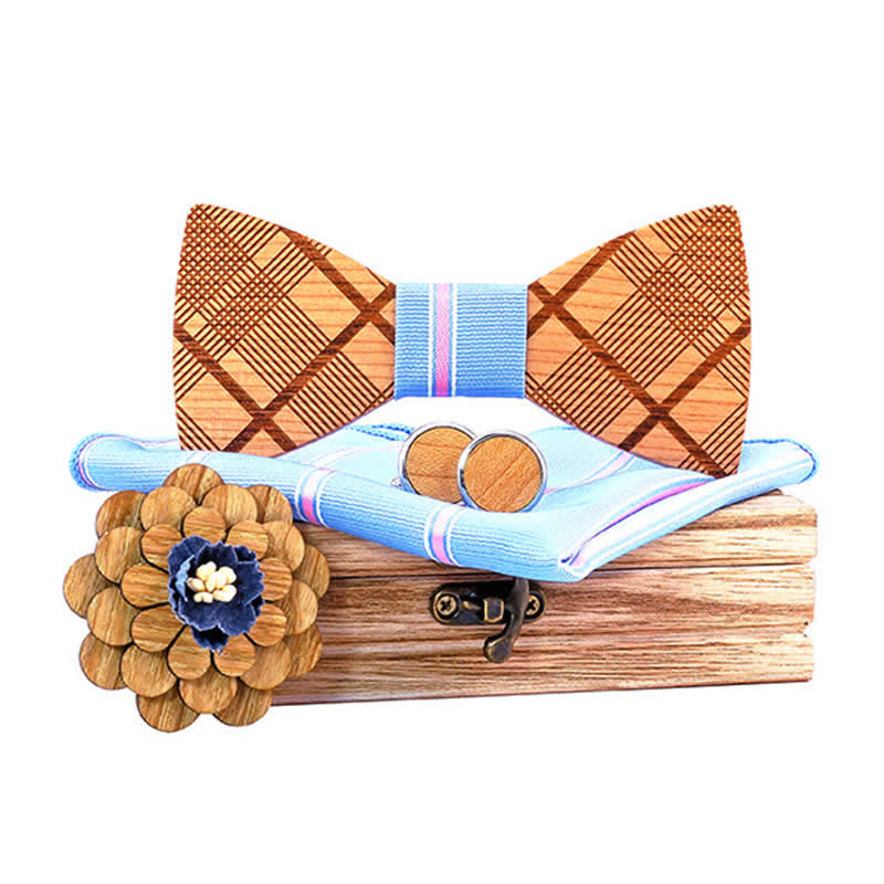 Set di 4 papillon in legno intagliato a quadri da uomo
